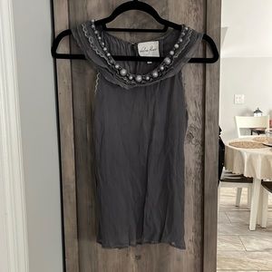 Chelsea Flower Gray Beaded/Ruffle Sleeveless 100% Silk Lined Top Small